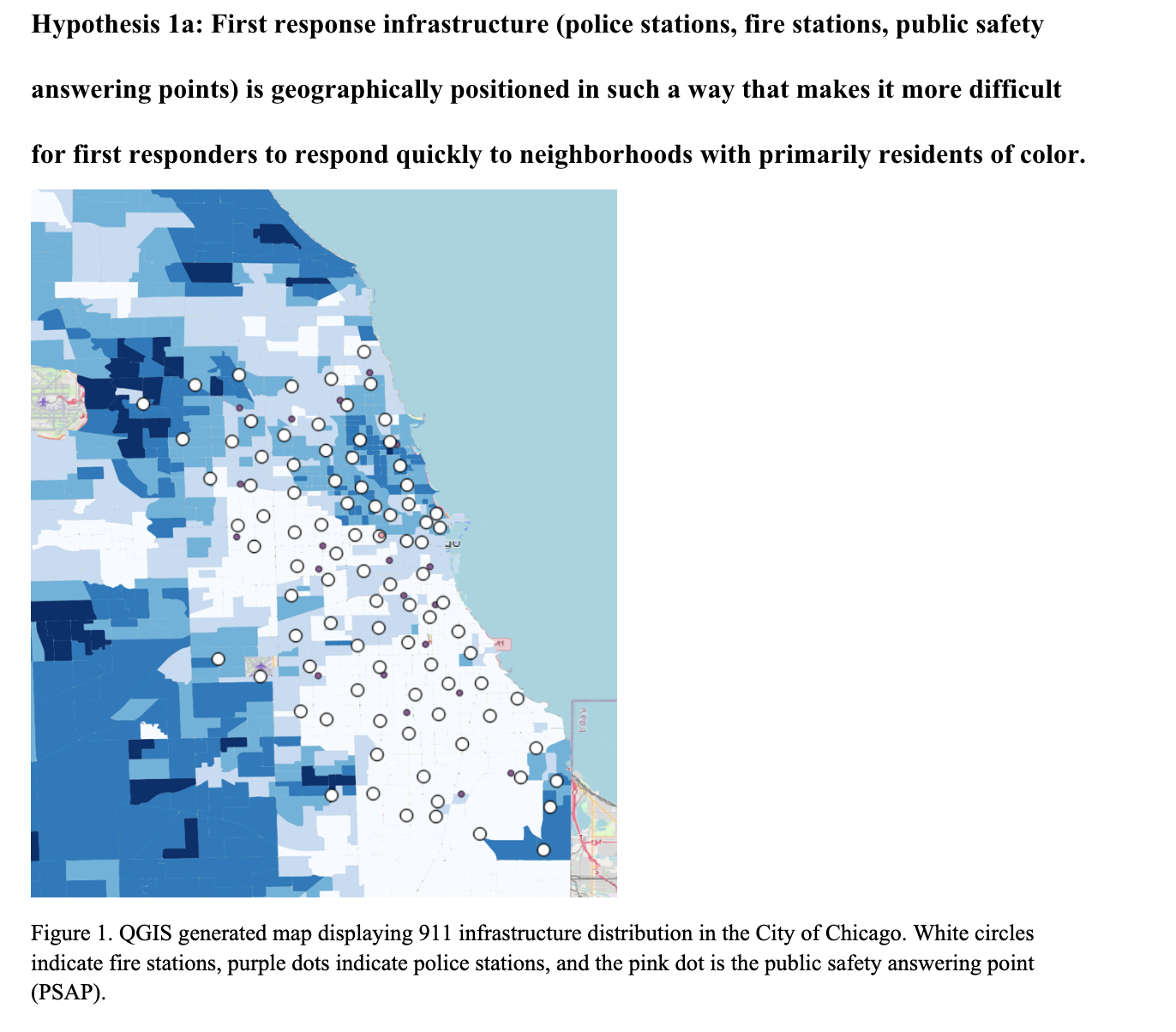 screenshot of a white population demographic map of chicago with dots to indicate the location of 9-1-1 infrastructure