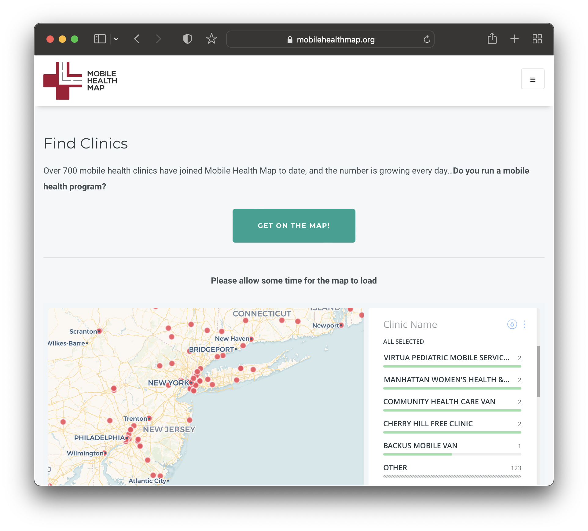 screenshot of a web map showing the locations of mobile healthcare providers