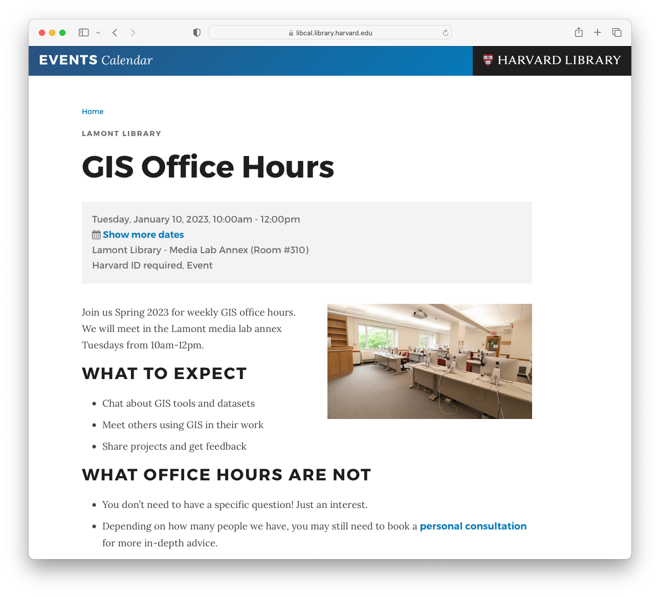 Screenshot of event information for weekly GIS Office hours