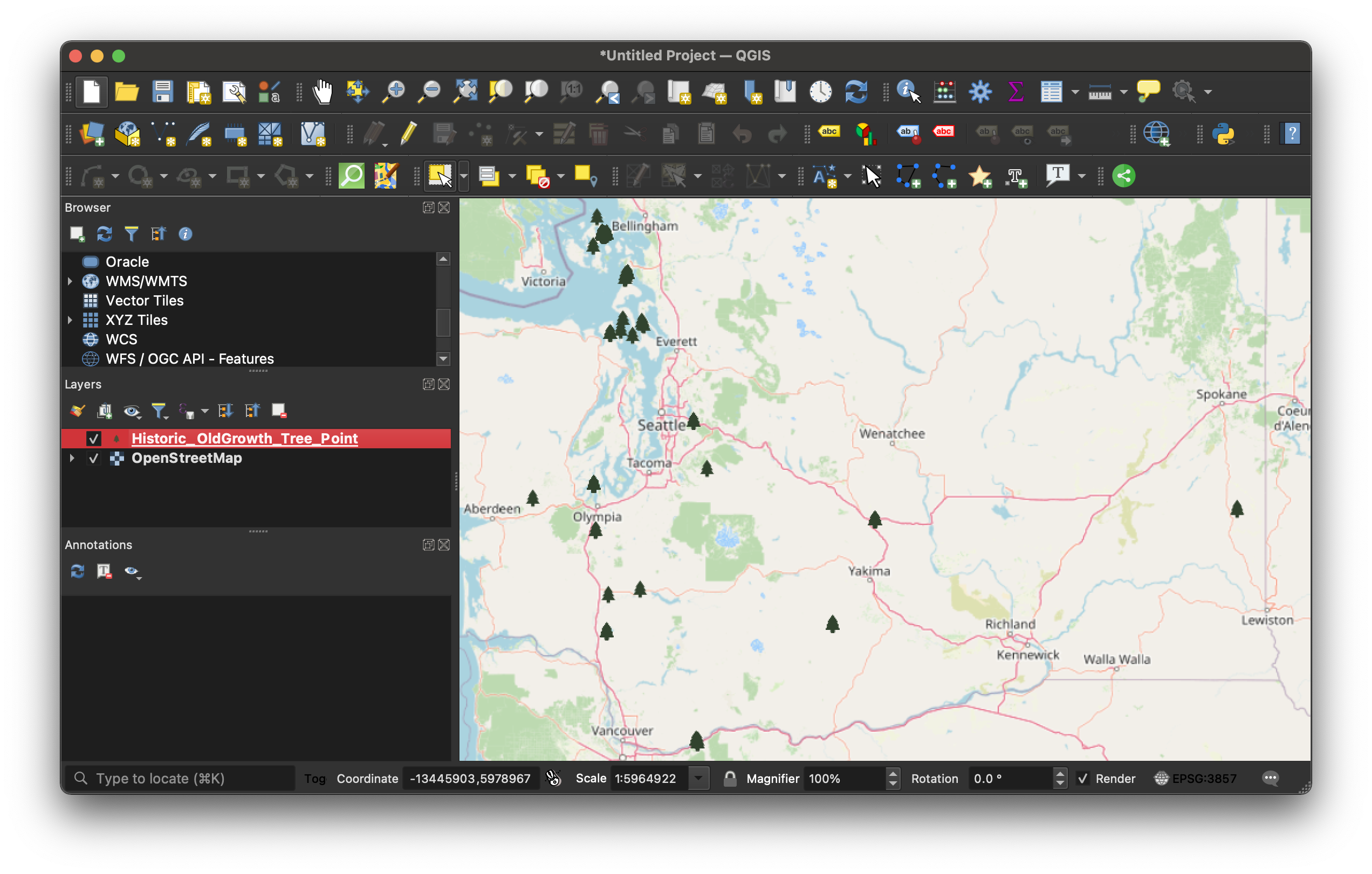 Example of a points dataset, old growth trees in Washington State loaded into desktop GIS, QGIS