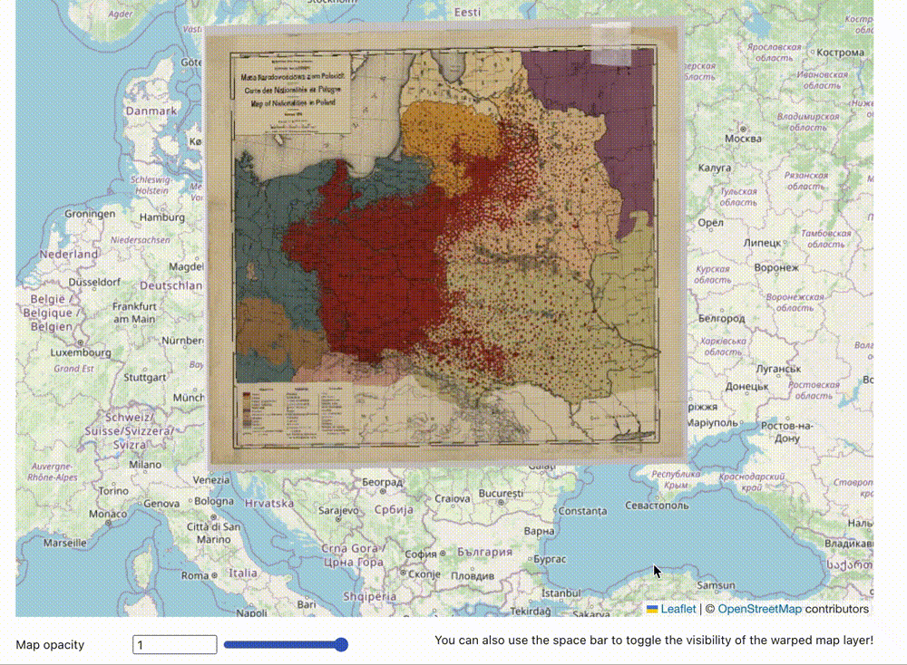 Screen recording GIF of adjusting the transparency of an old map, draped over a modern map
