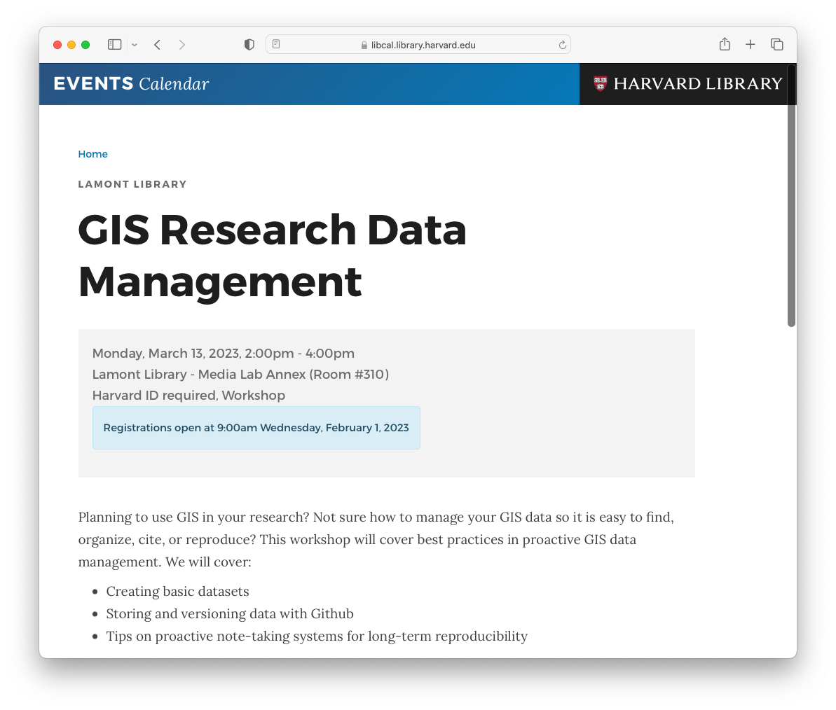 Screen grab of GIS Research Data Management workshop March of 2023