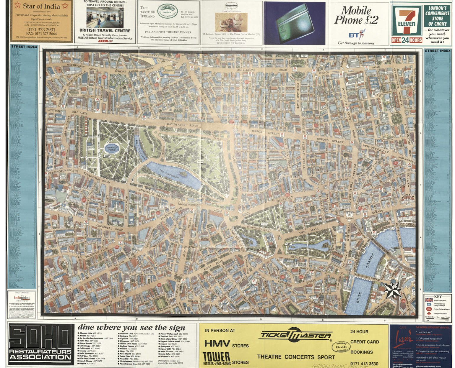 Scan of a paper map of London showing information about the restaurants