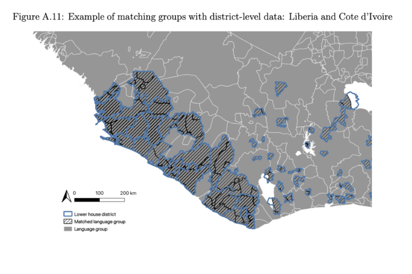 Map showing language groups in Liberia and how they don't exactly match up with electoral districts