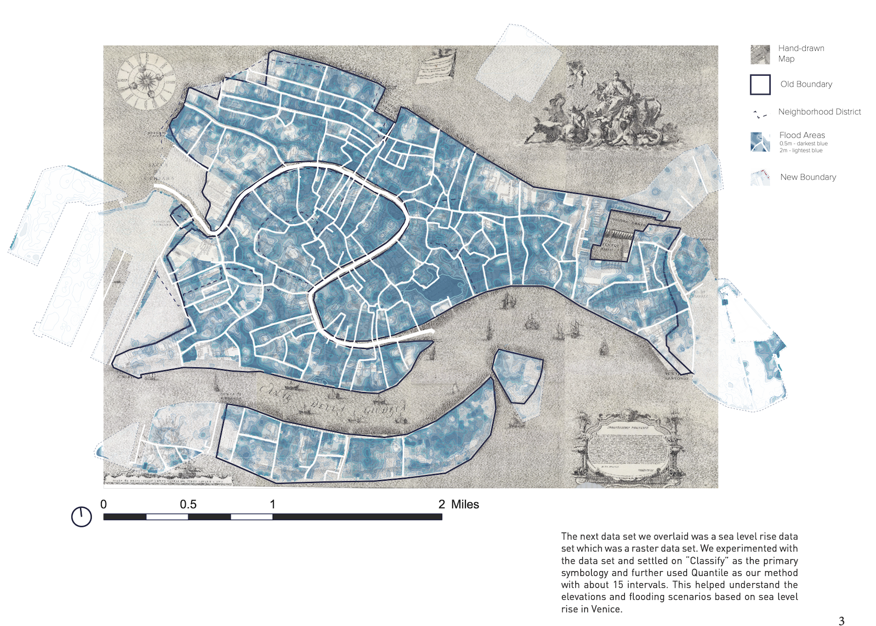 screenshot of a map of venice showing an old map with datasets of sea level change and building outlines layered on top