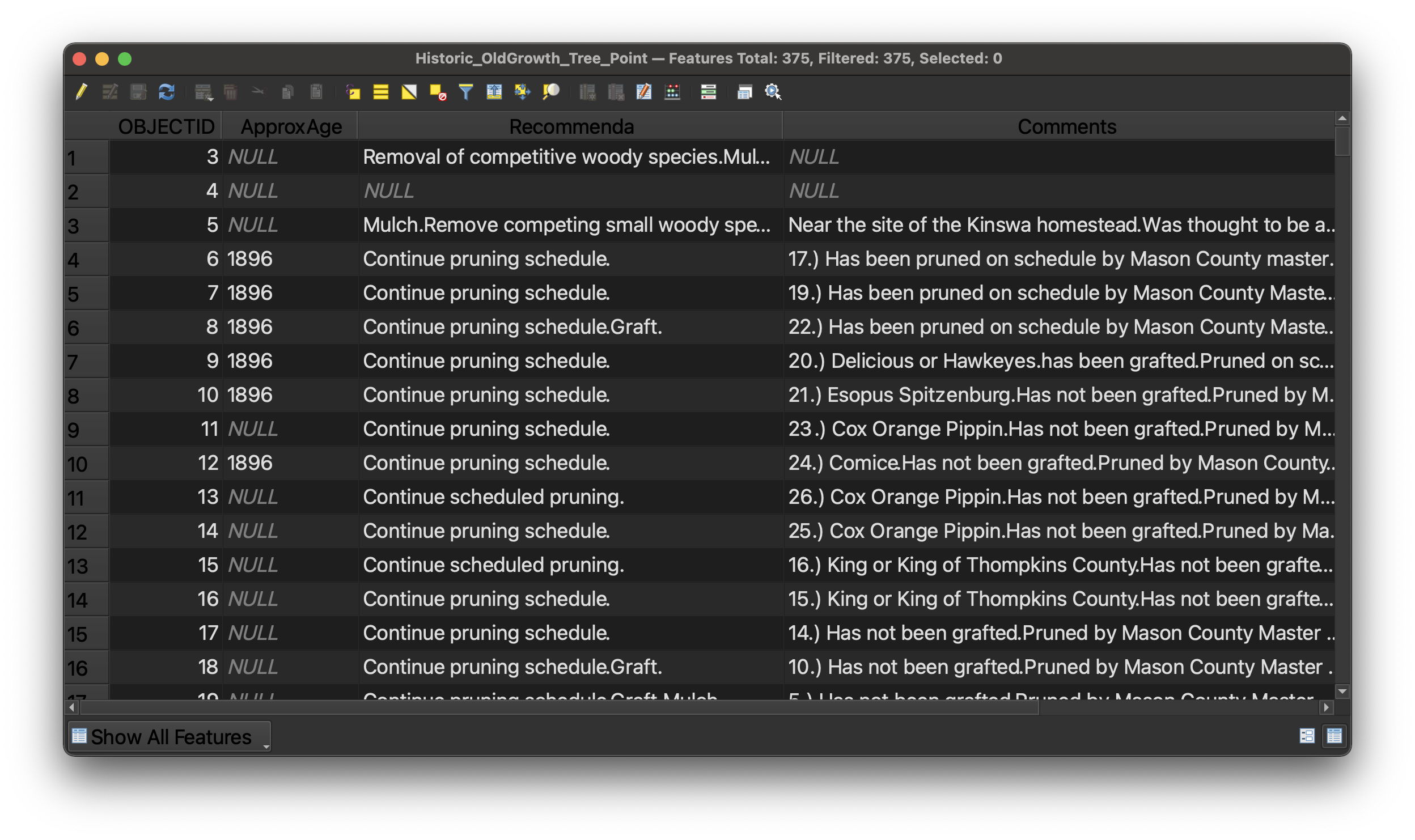 Back end table of the trees points dataset, showing each row is a tree, and each column is an attribute about the tree