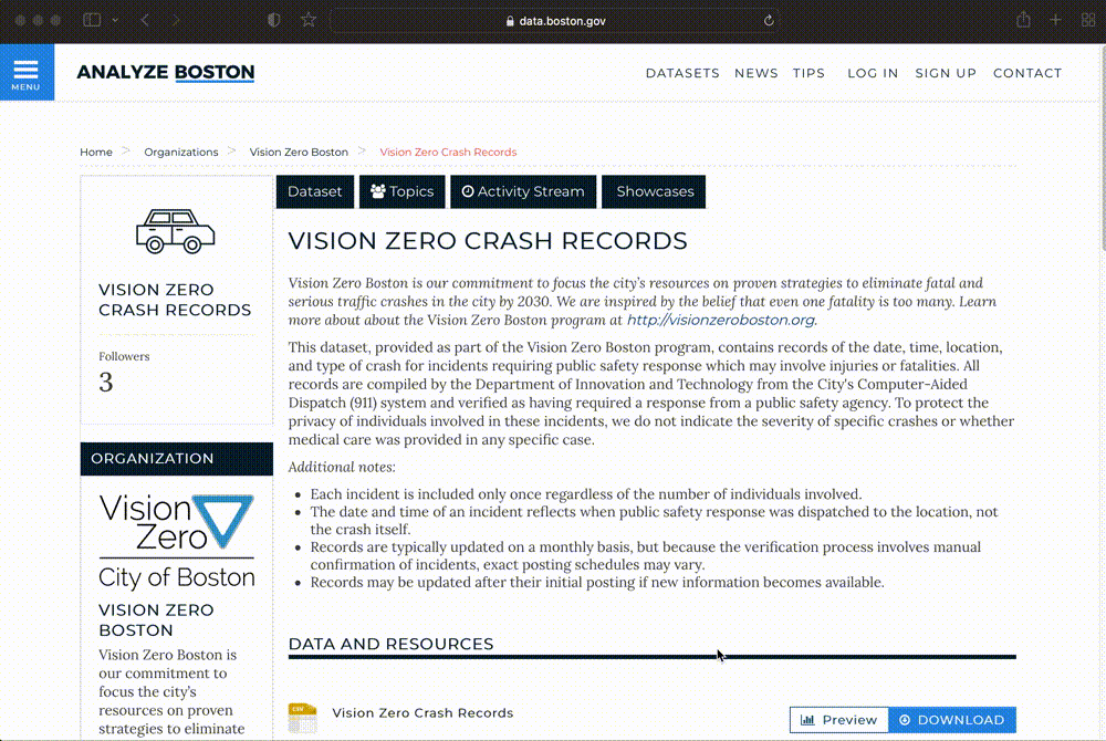 GIF of the vision zero data page on City of Boston's data portal
