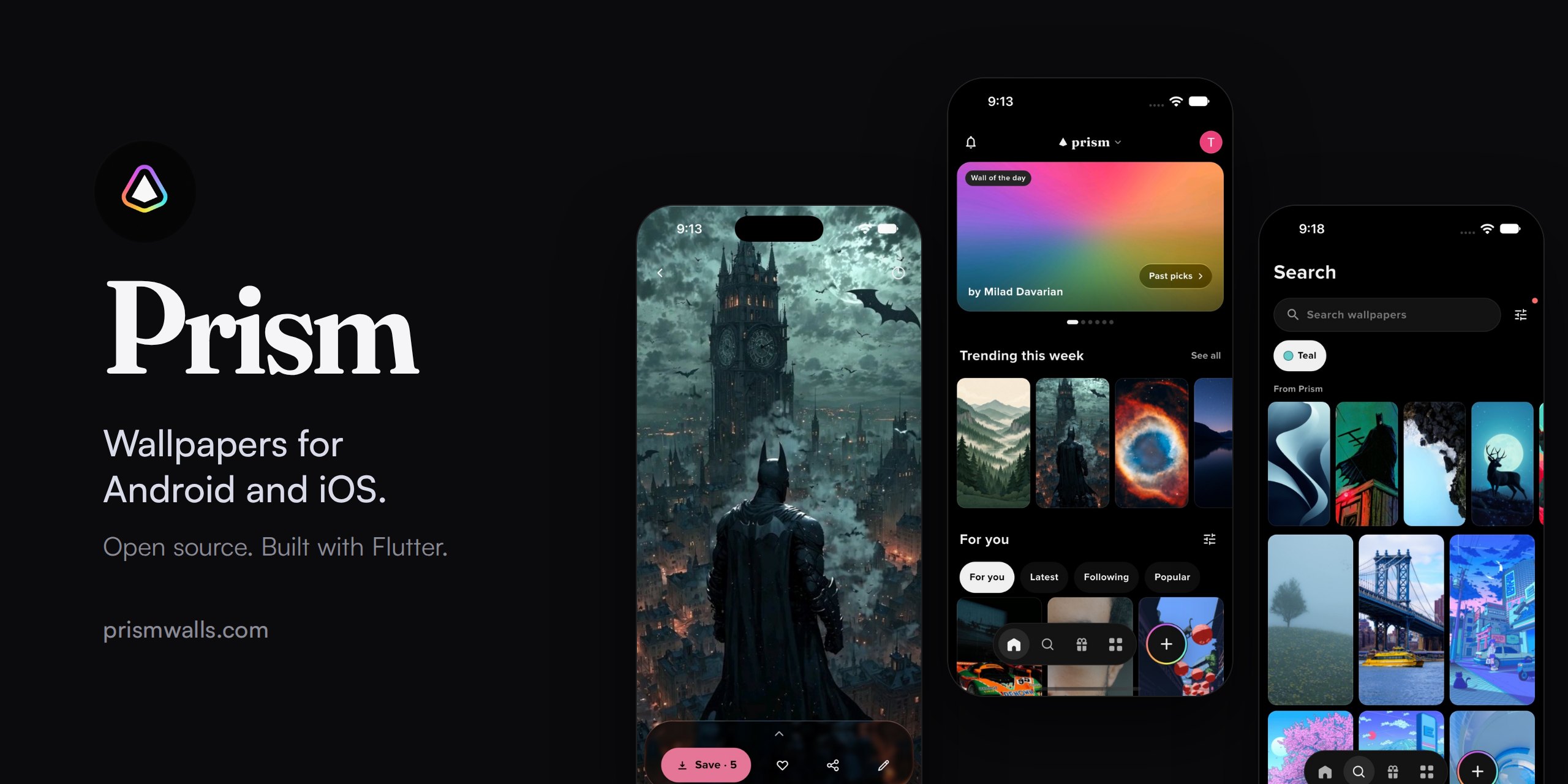 Prism on iPhone: a wallpaper, the home feed with the Wall of the Day, and colour search
