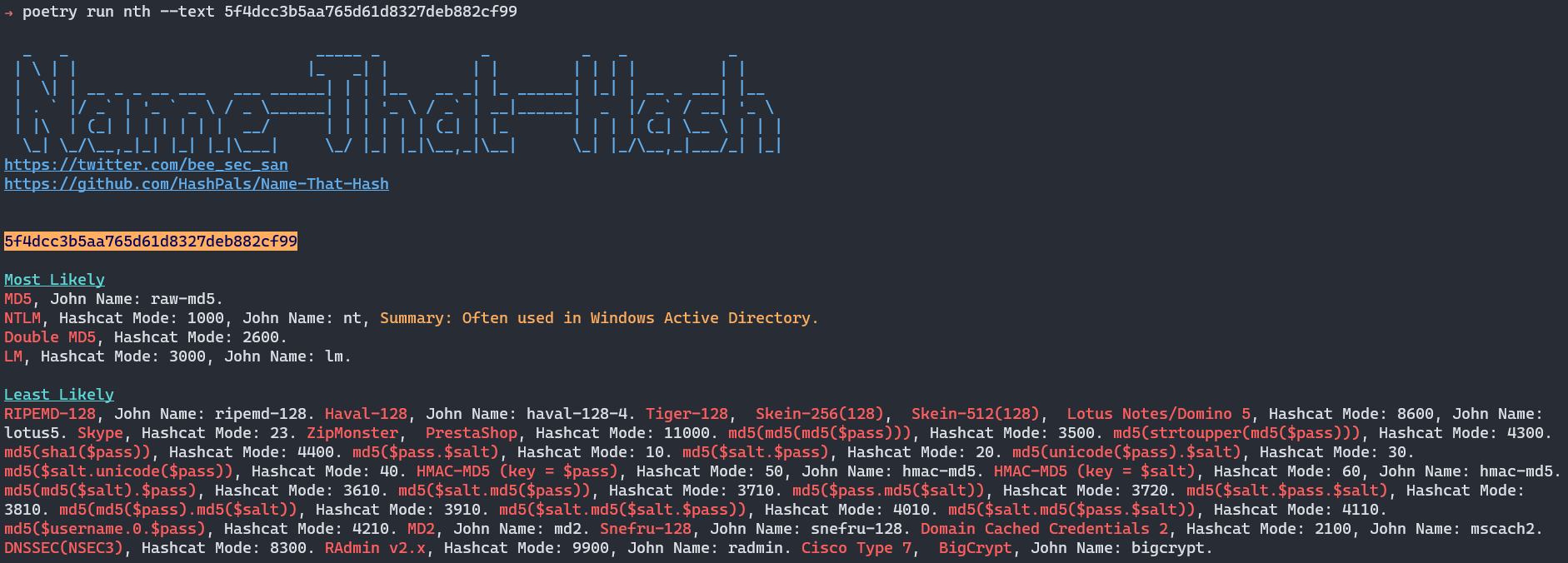 Name-that-hash proudly displays the most likely hash types