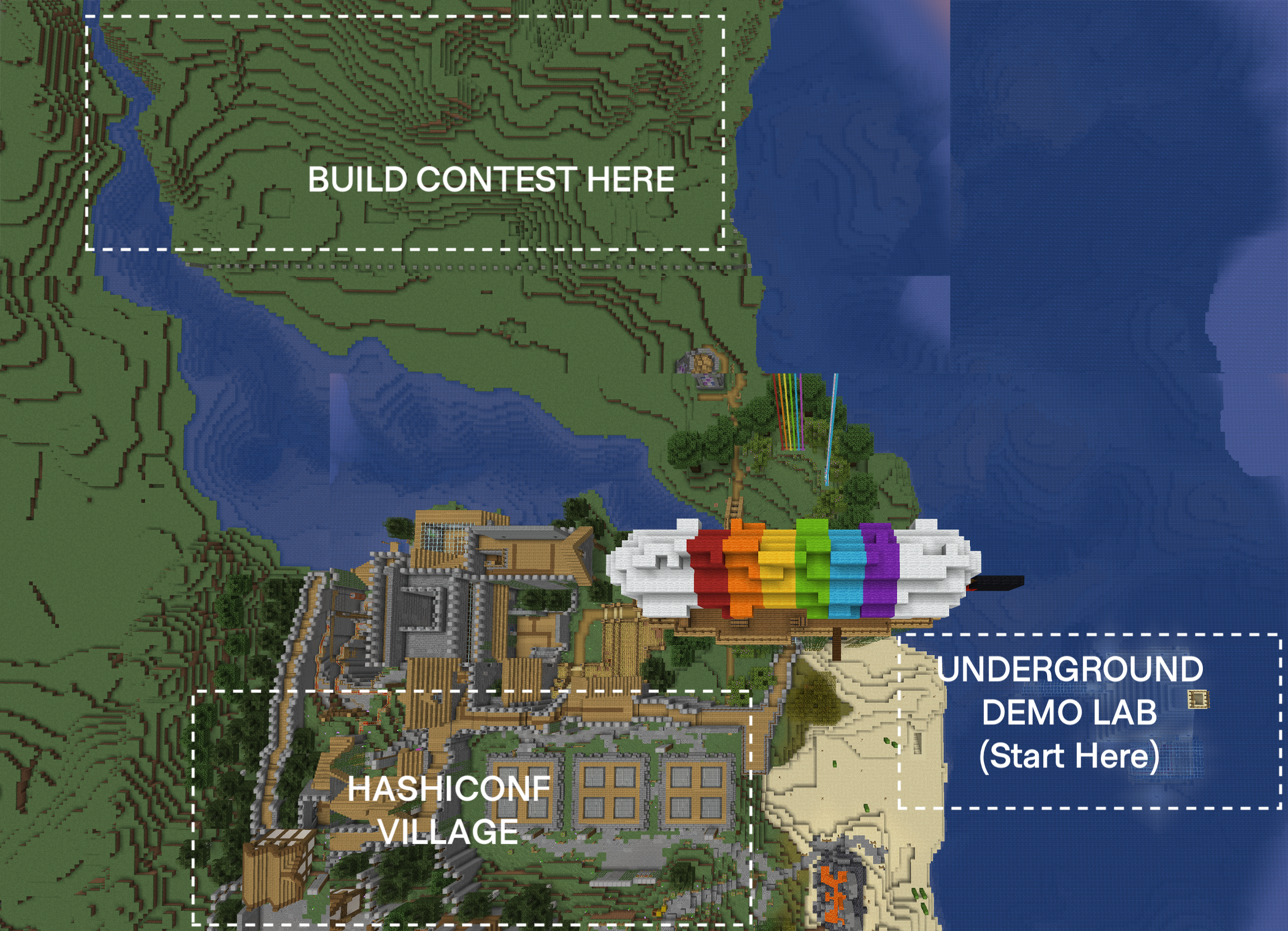 HashiCraft world map, including build zone