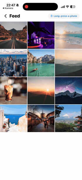 Social feed — long-press a photo to peek the post, tap to open