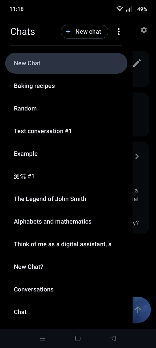Chat drawer with saved conversations, a New chat action and an overflow menu