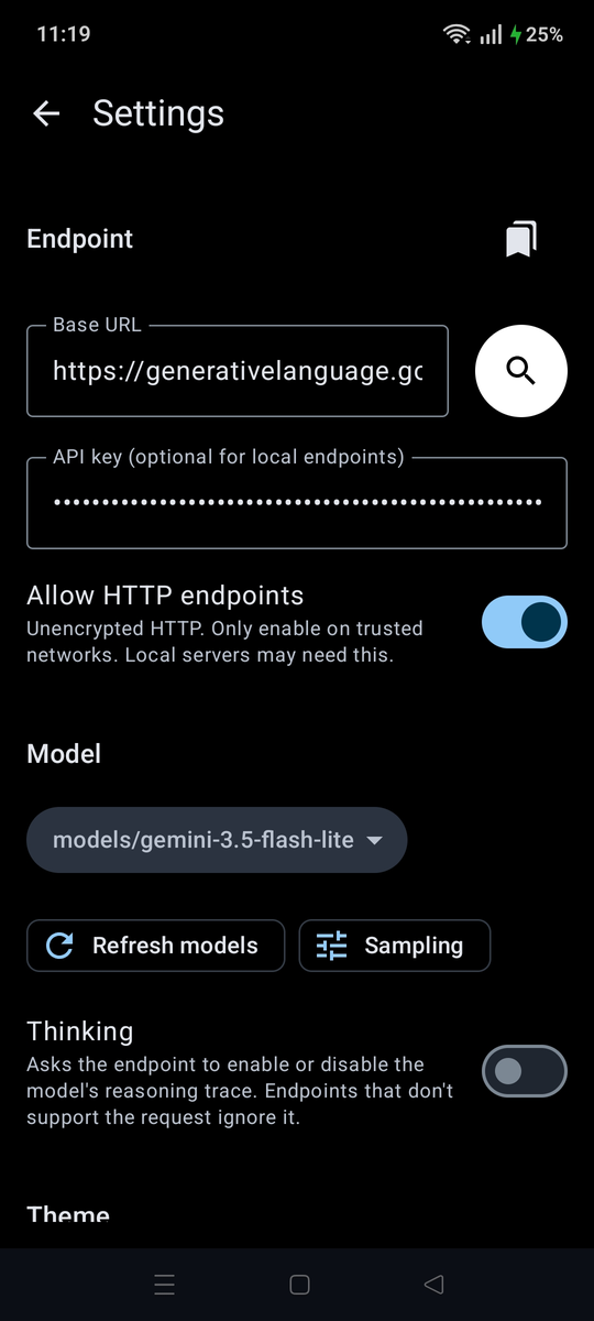 Endpoint, model, sampling and thinking settings
