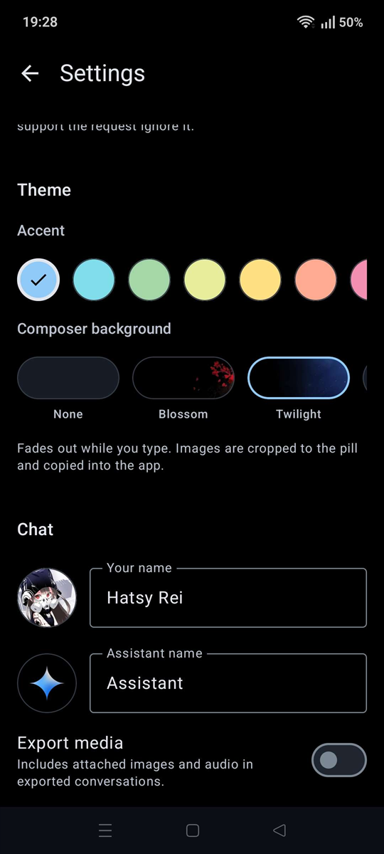 Theme accent, composer background and profile settings