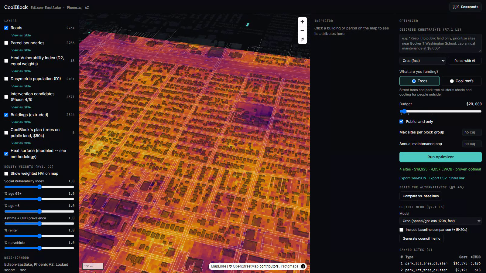 The live app: the real heat surface, the plan, and the proof