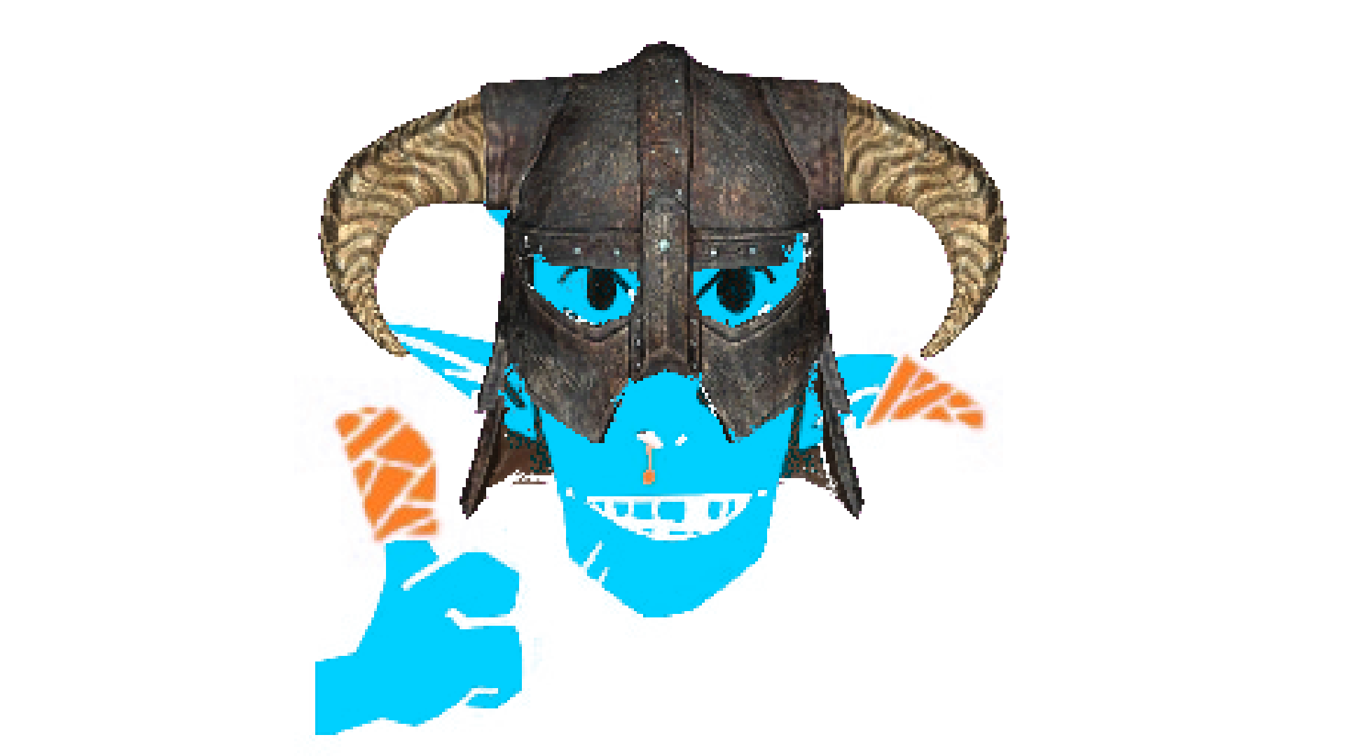 A crude edited image of a Hearthian wearing a Iron Helmet from Skyrim