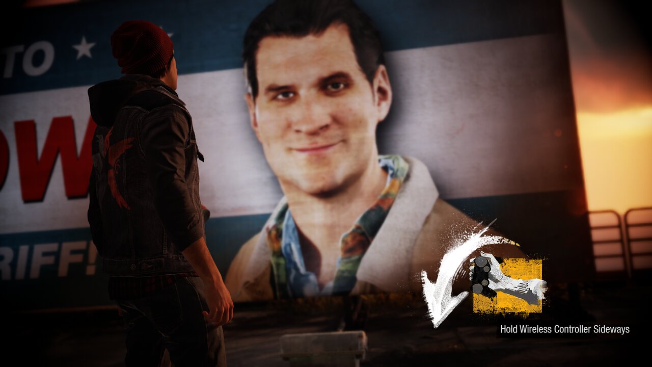 Delsin diante do outdoor, com o pedido de virar o controle de lado