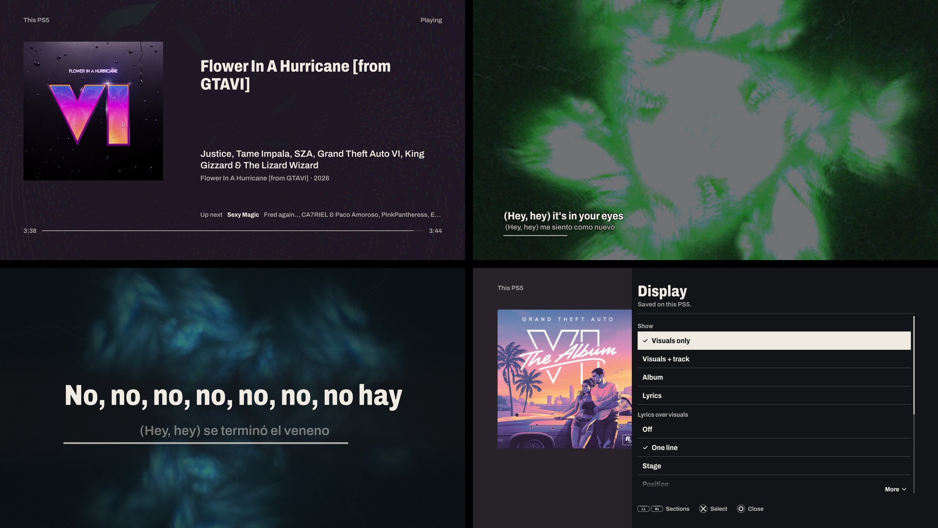 Four console captures: the Album poster, One line lyrics over MilkDrop, Stage lyrics over MilkDrop, and the Display settings with the lyric overlay rows