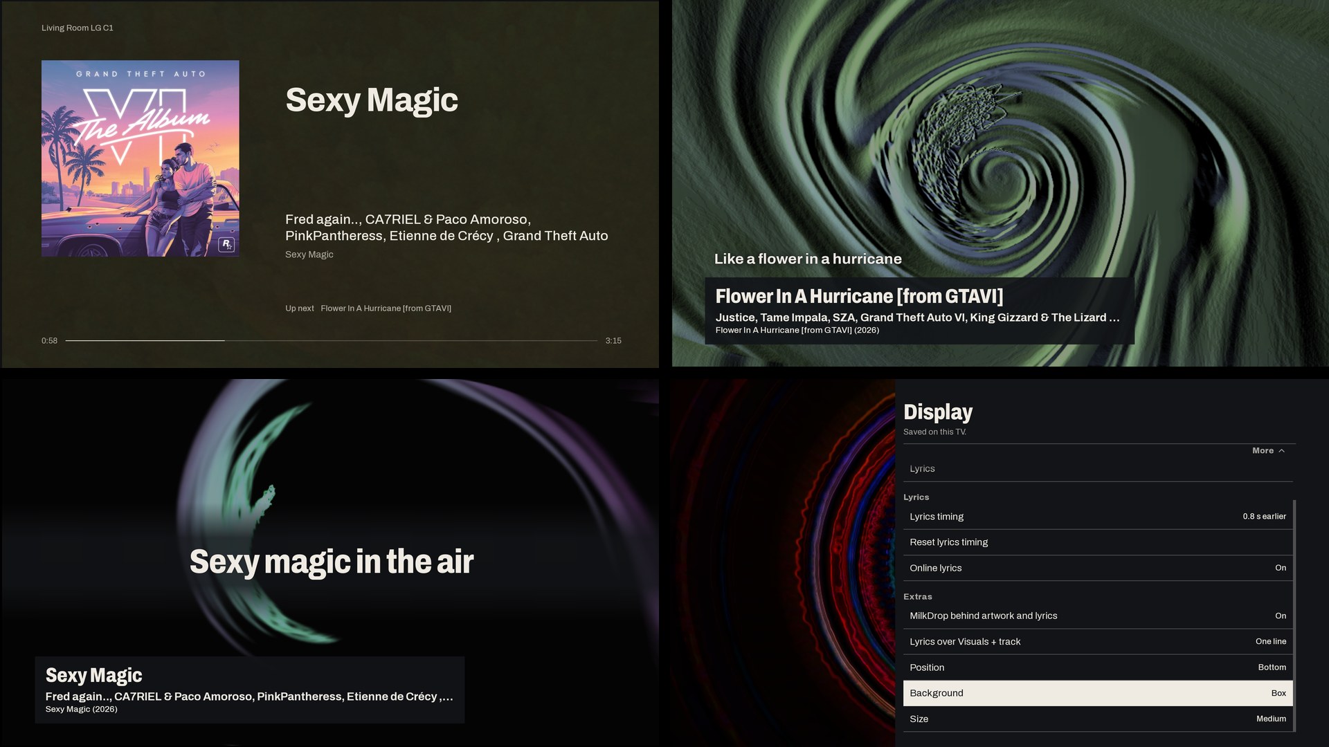 Four captures from the TV: the Album view, One line lyrics over MilkDrop, Stage lyrics over MilkDrop, and the Display settings with the lyric overlay rows