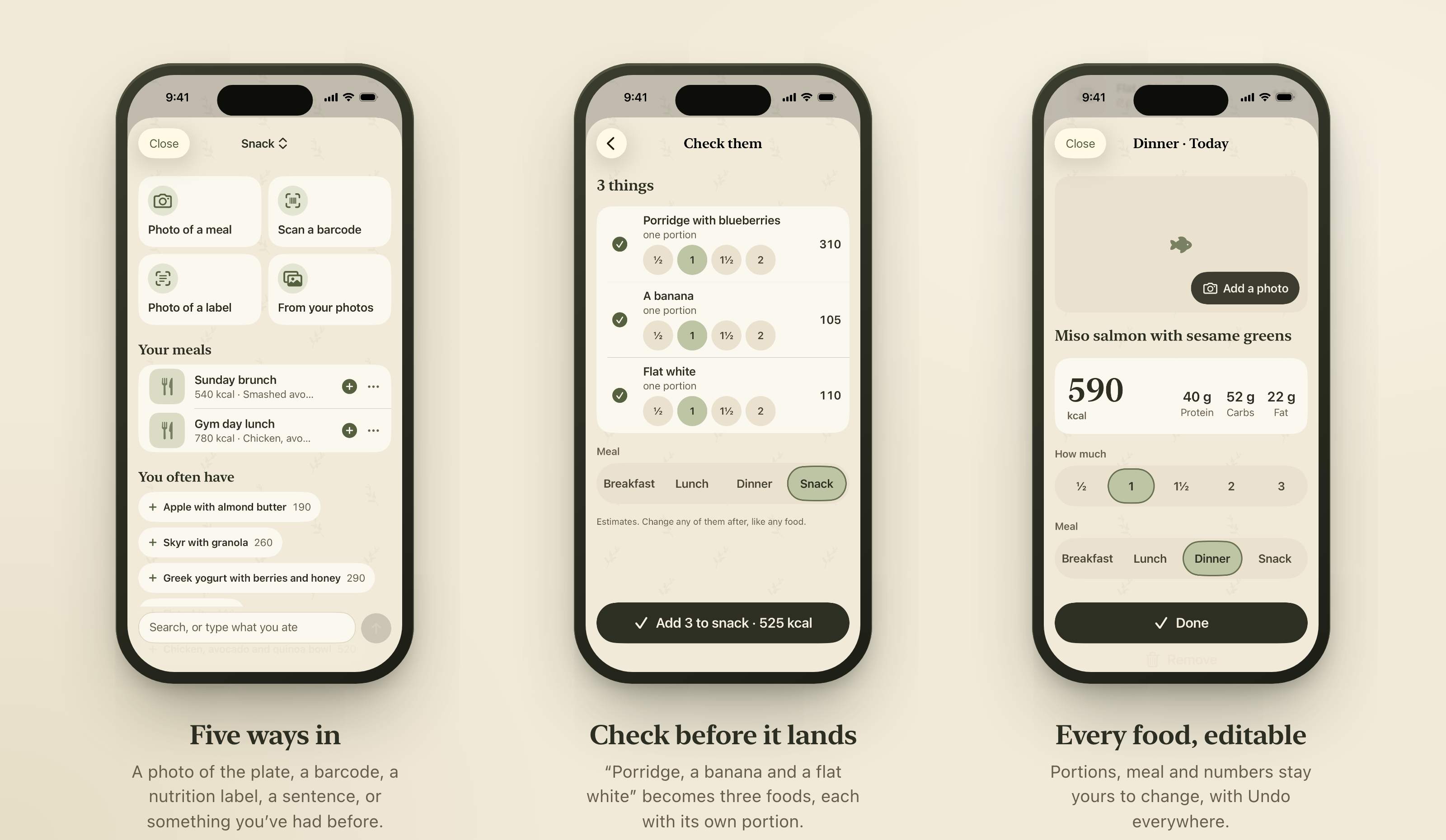 Adding food: five ways in, checking several foods at once, and editing an entry