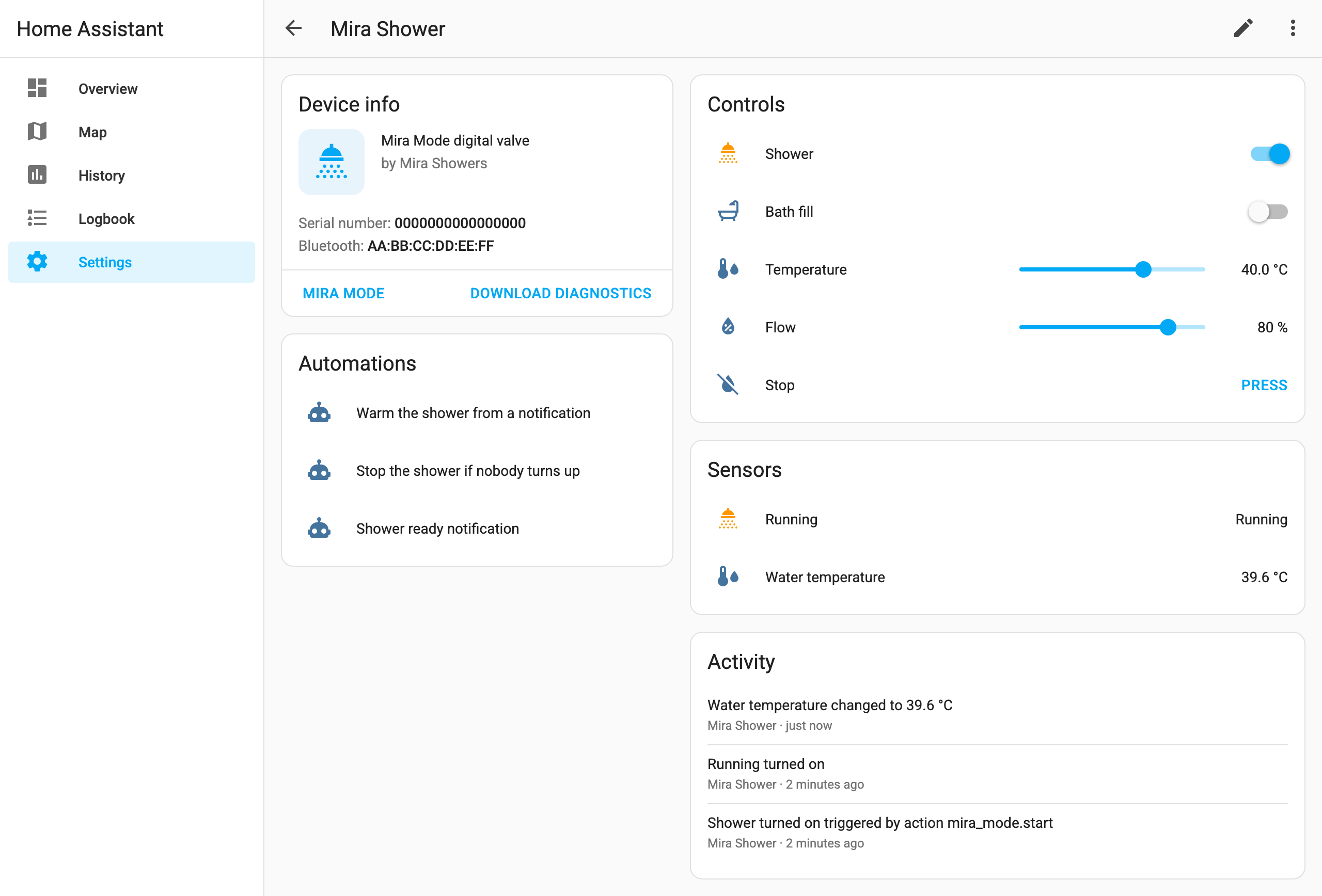 The Mira Mode device page in Home Assistant, with outlet switches, temperature and flow sliders, a stop button and the water temperature