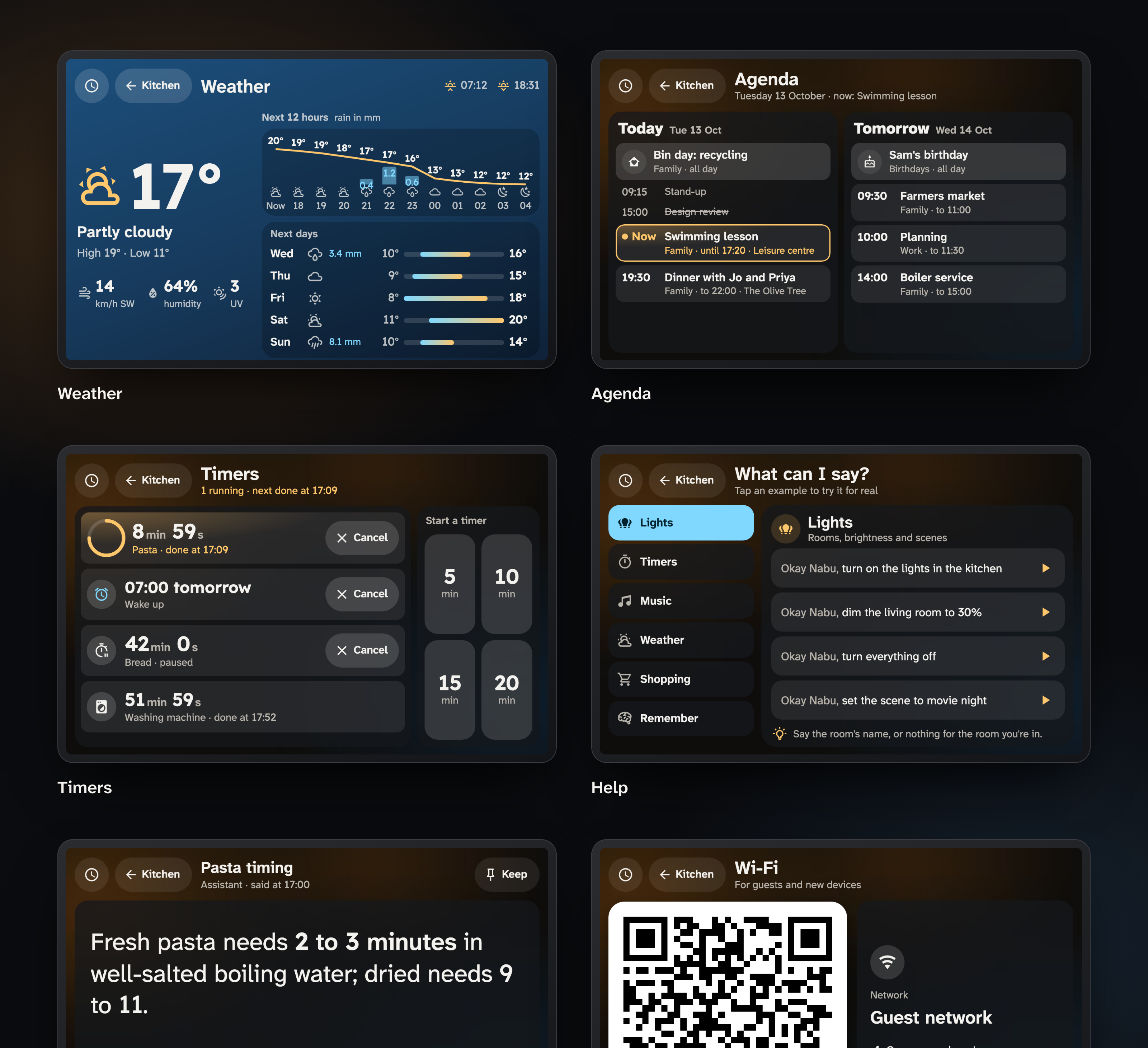 All six cards: weather, agenda, timers, help, info and Wi-Fi