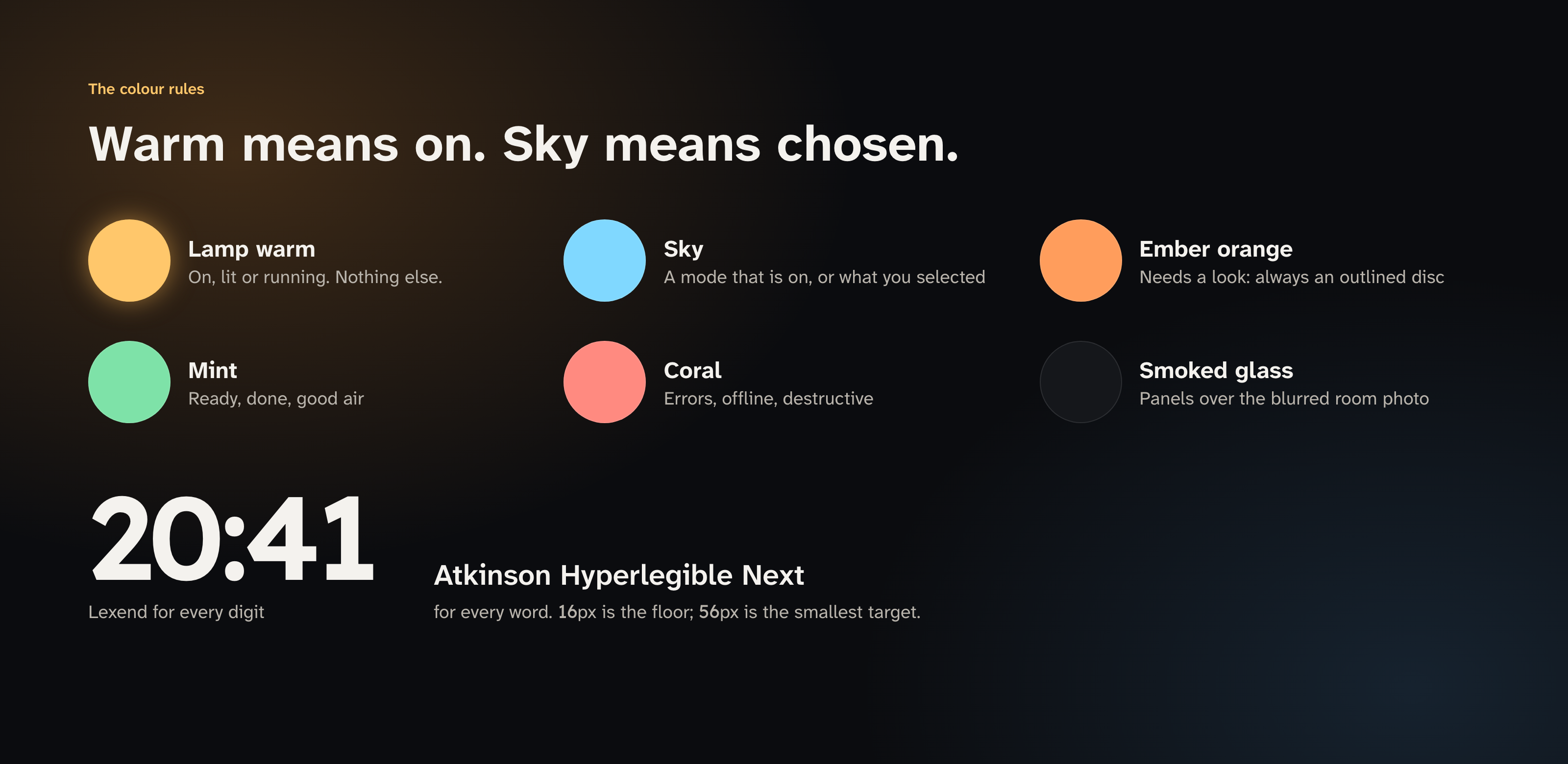 The colour rules: lamp warm, sky, ember orange, mint, coral and smoked glass, with the type pairing