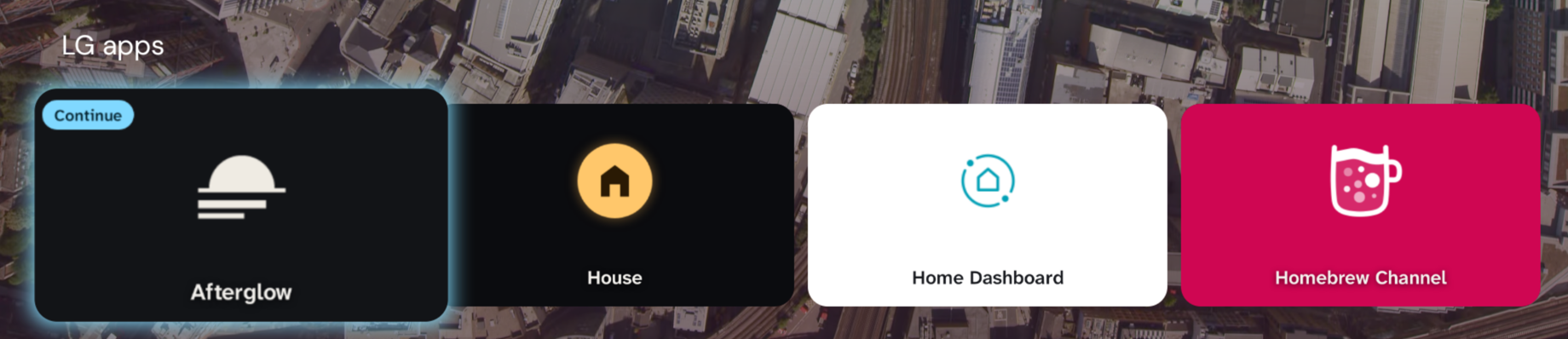 The LG apps row in Projectivy: Afterglow with a Continue badge, then House, Home Dashboard and Homebrew Channel
