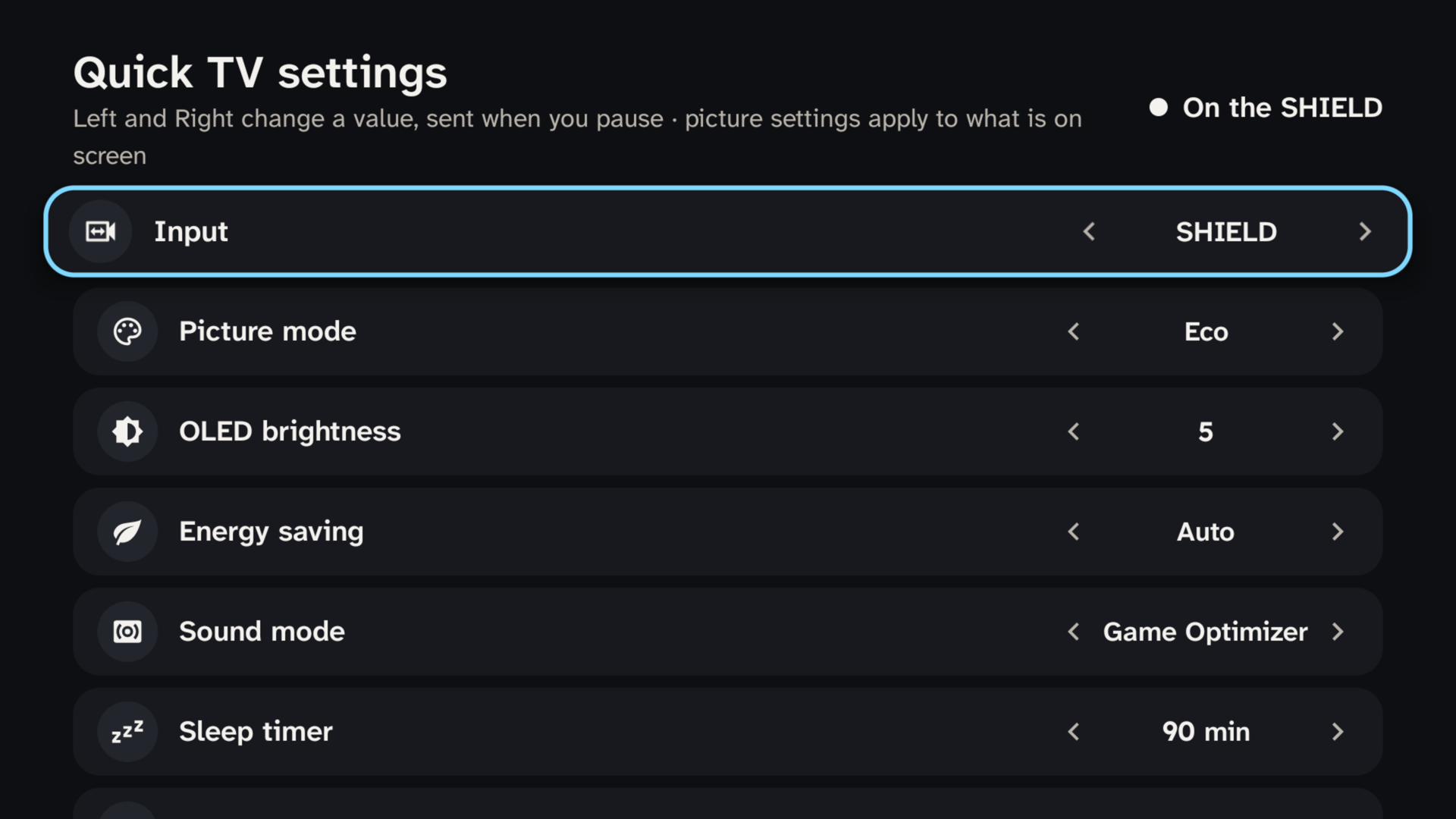 Quick TV settings: input, picture mode, OLED brightness, energy saving, sound mode and sleep timer, each changed with Left and Right