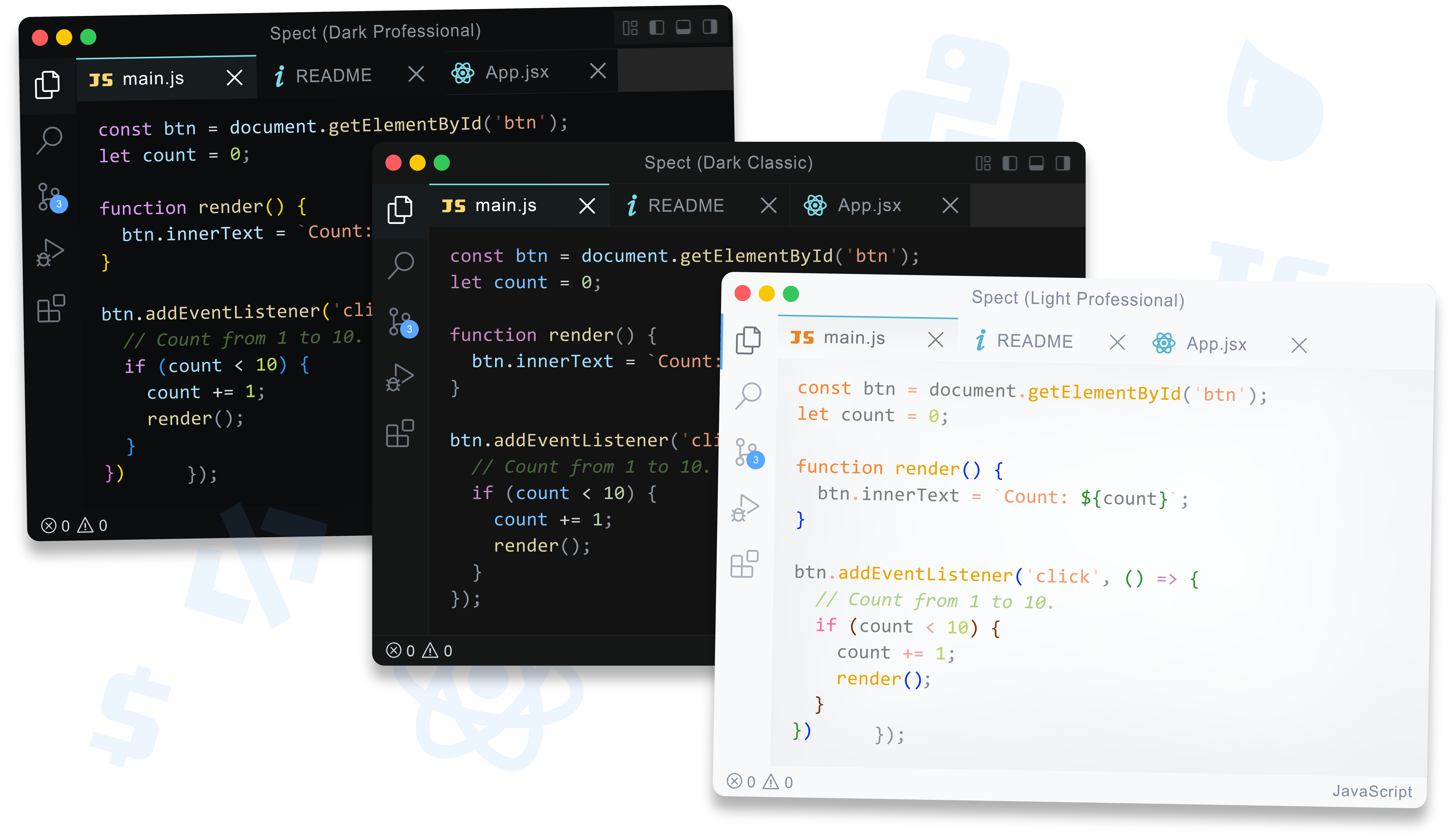 Spect Editor Preview featuring multiple themes; Dark Classic, Dark professional and Light Classic with code snippets