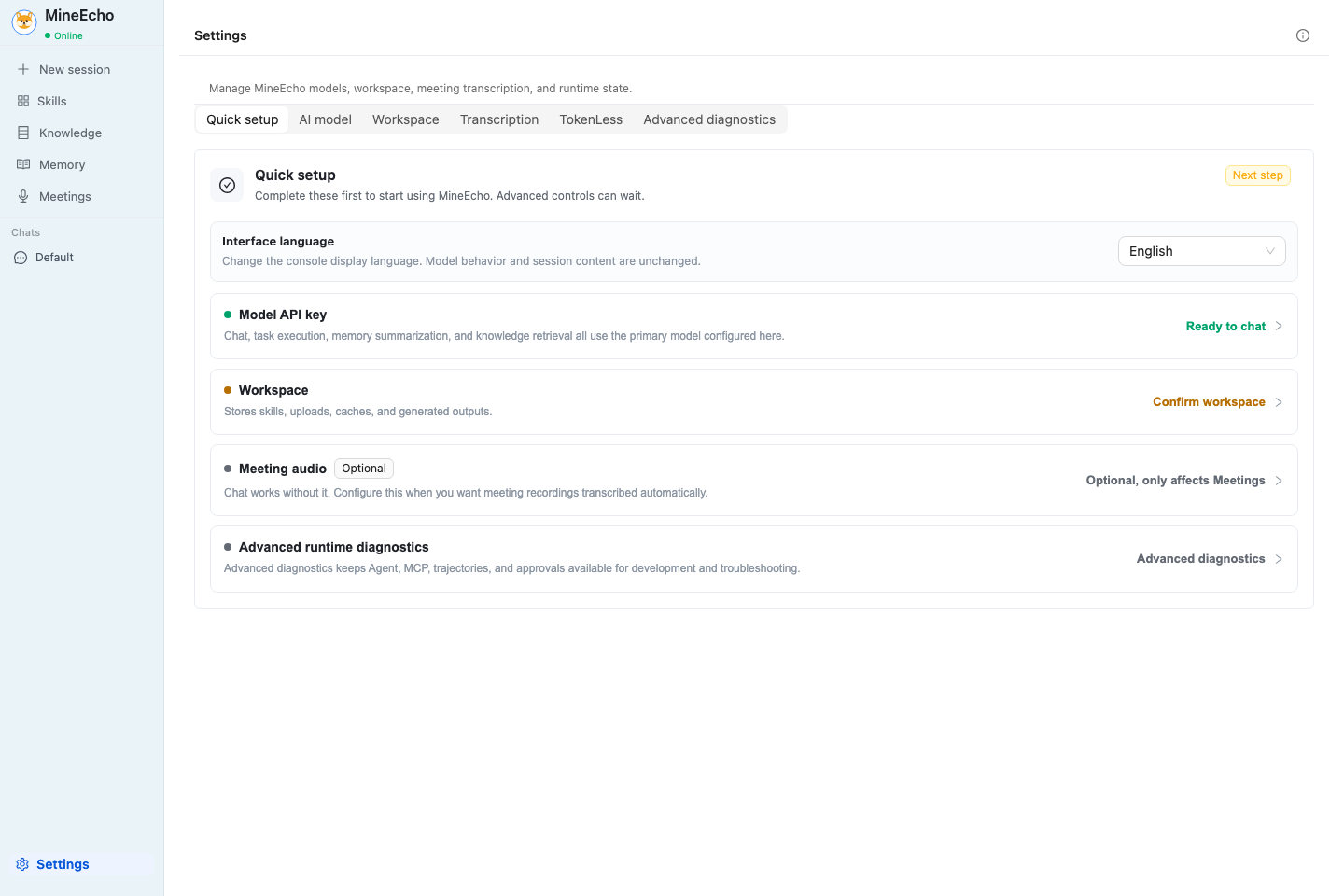 MineEcho Model and Runtime Settings