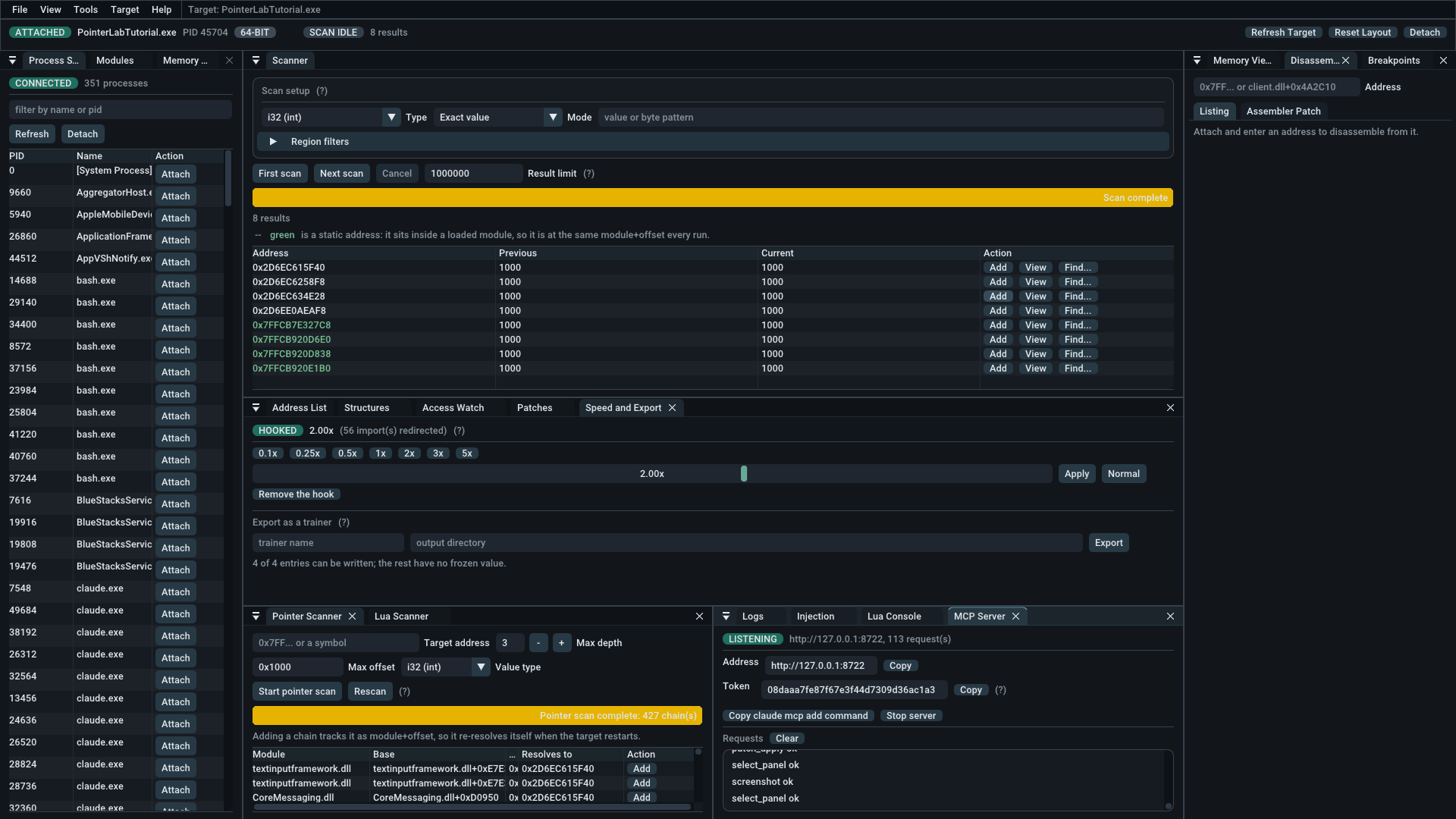The MCP Server panel listening on 127.0.0.1:8722, with the address, session token, a copy-registration-command button and a log of tool calls made by an agent