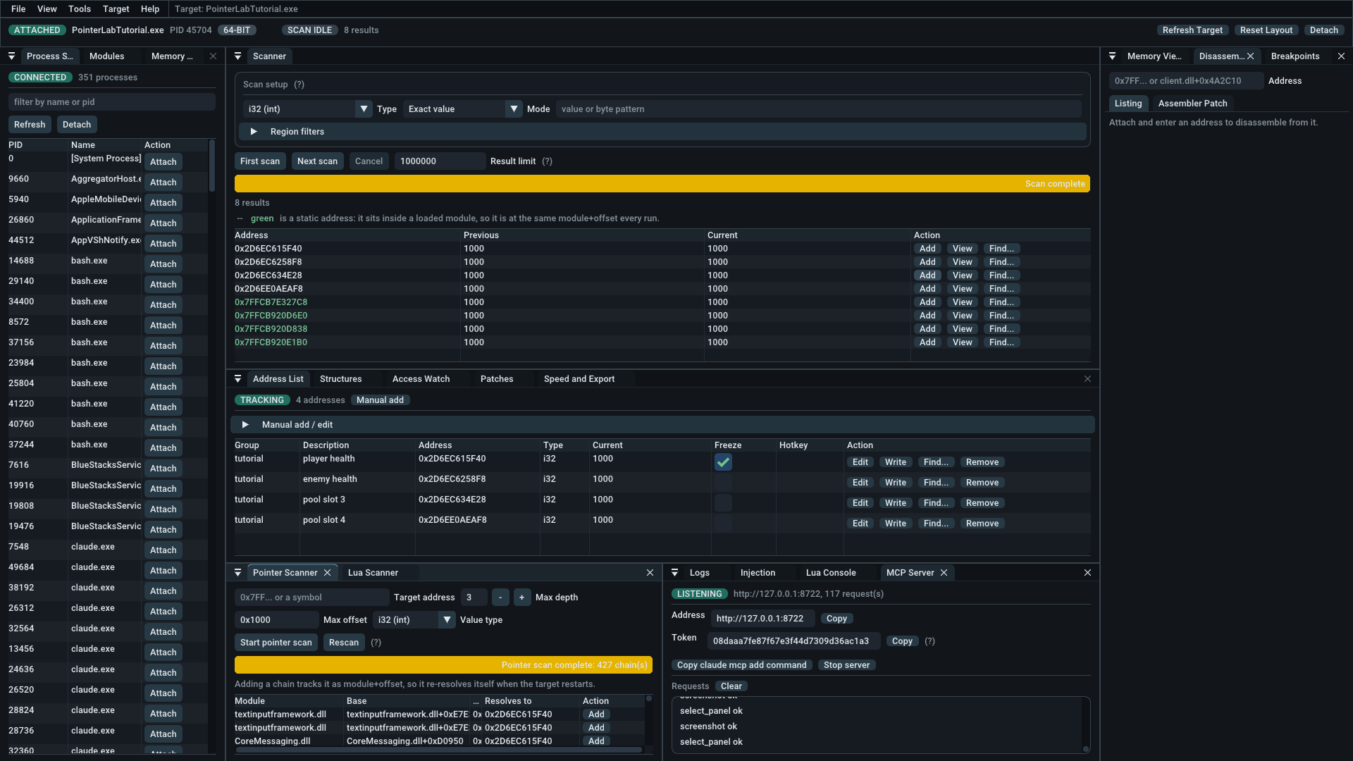 The pointer scanner after a completed scan, listing 427 chains by module, base expression and the address each resolves to now