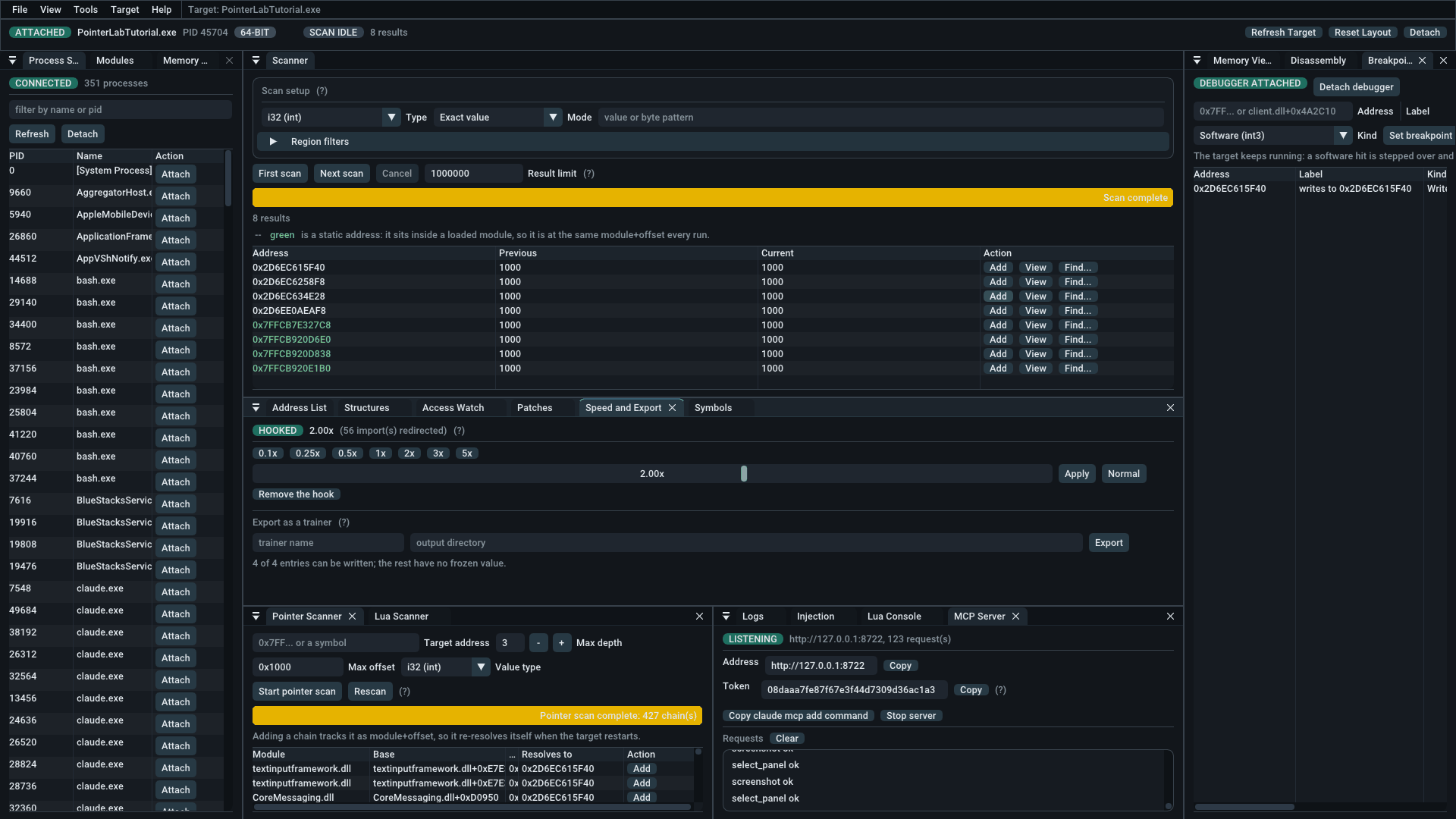 The speed panel showing a hooked target running at 2.00x with 56 imports redirected, and the trainer export form below it