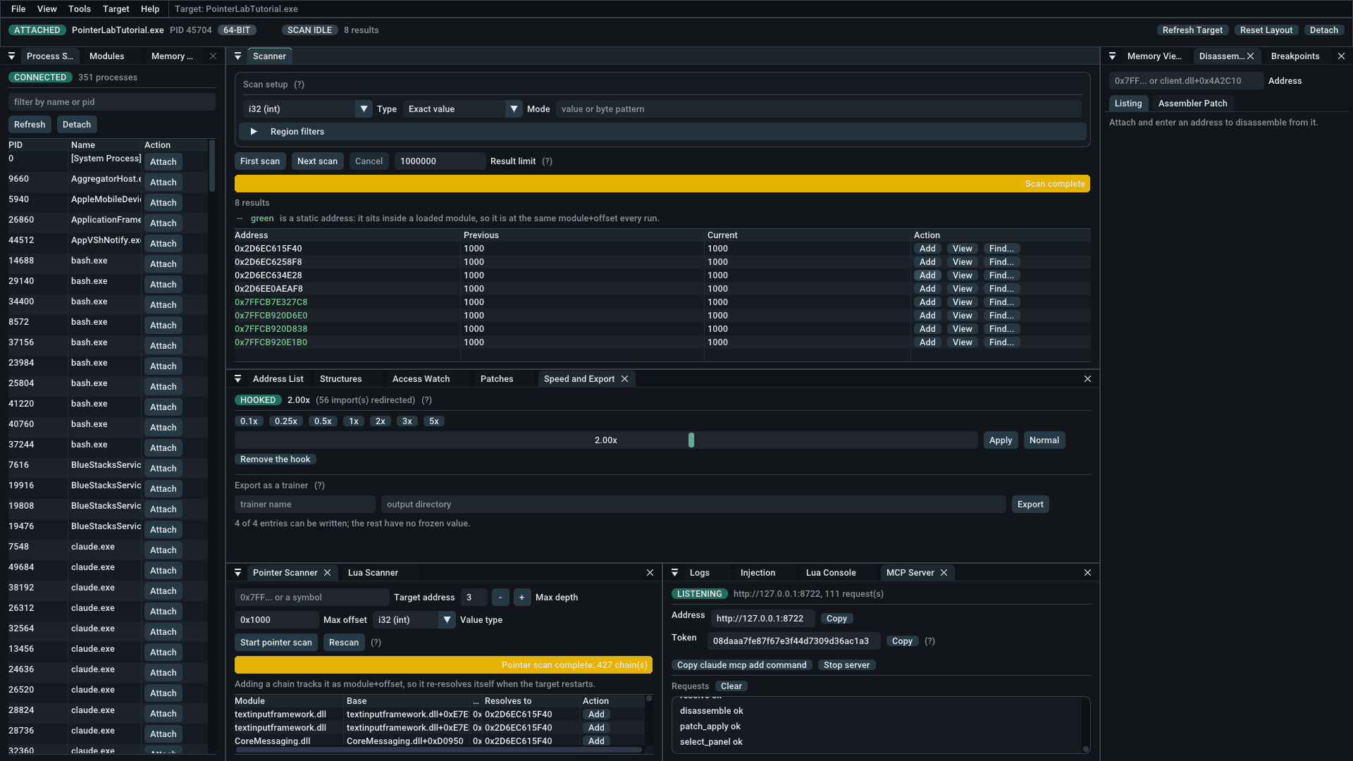 Pointer Lab attached to PointerLabTutorial.exe: eight results of an exact scan for 1000, four of them green static addresses, four tracked in the address list with one frozen, and the pointer scanner reporting 427 chains