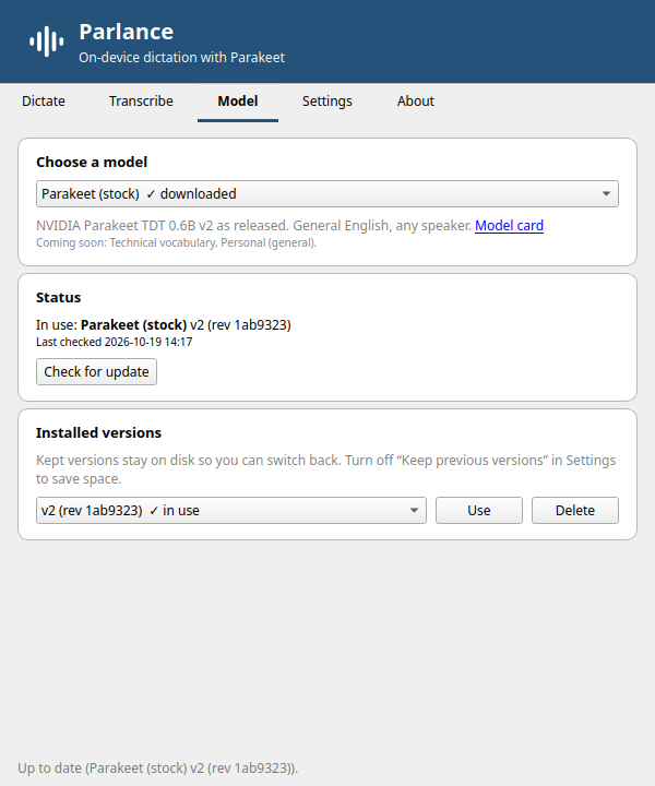 Parlance on Linux: the Model tab, choosing between stock Parakeet and the fine-tunes