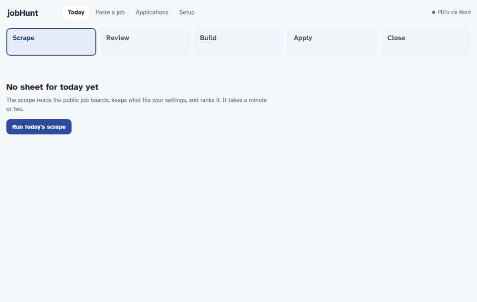 jobHunt: scrape, tick the leads worth having, build a tailored CV for each