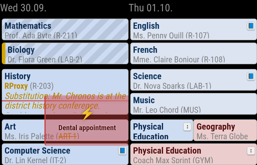 Grid close-up with substitution, absence, exam, homework, moved and cancelled lessons