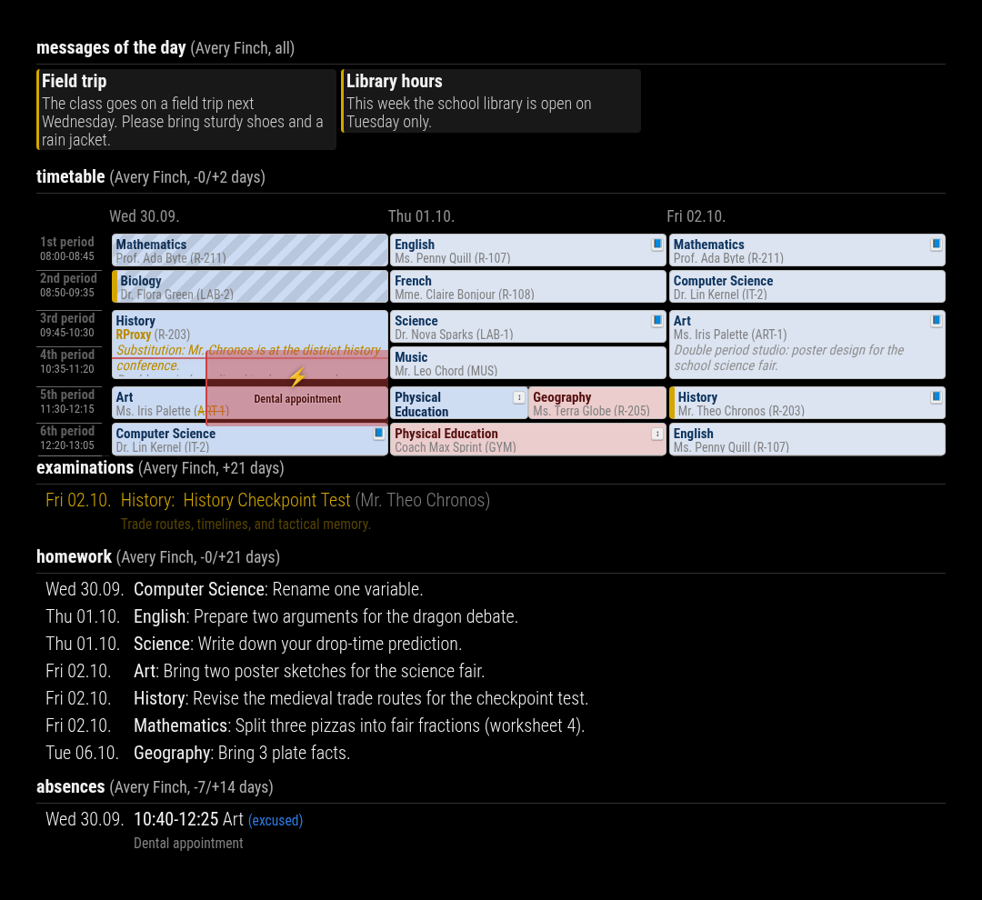MMM-Webuntis with messages of day, timetable grid, exams, homework and absences