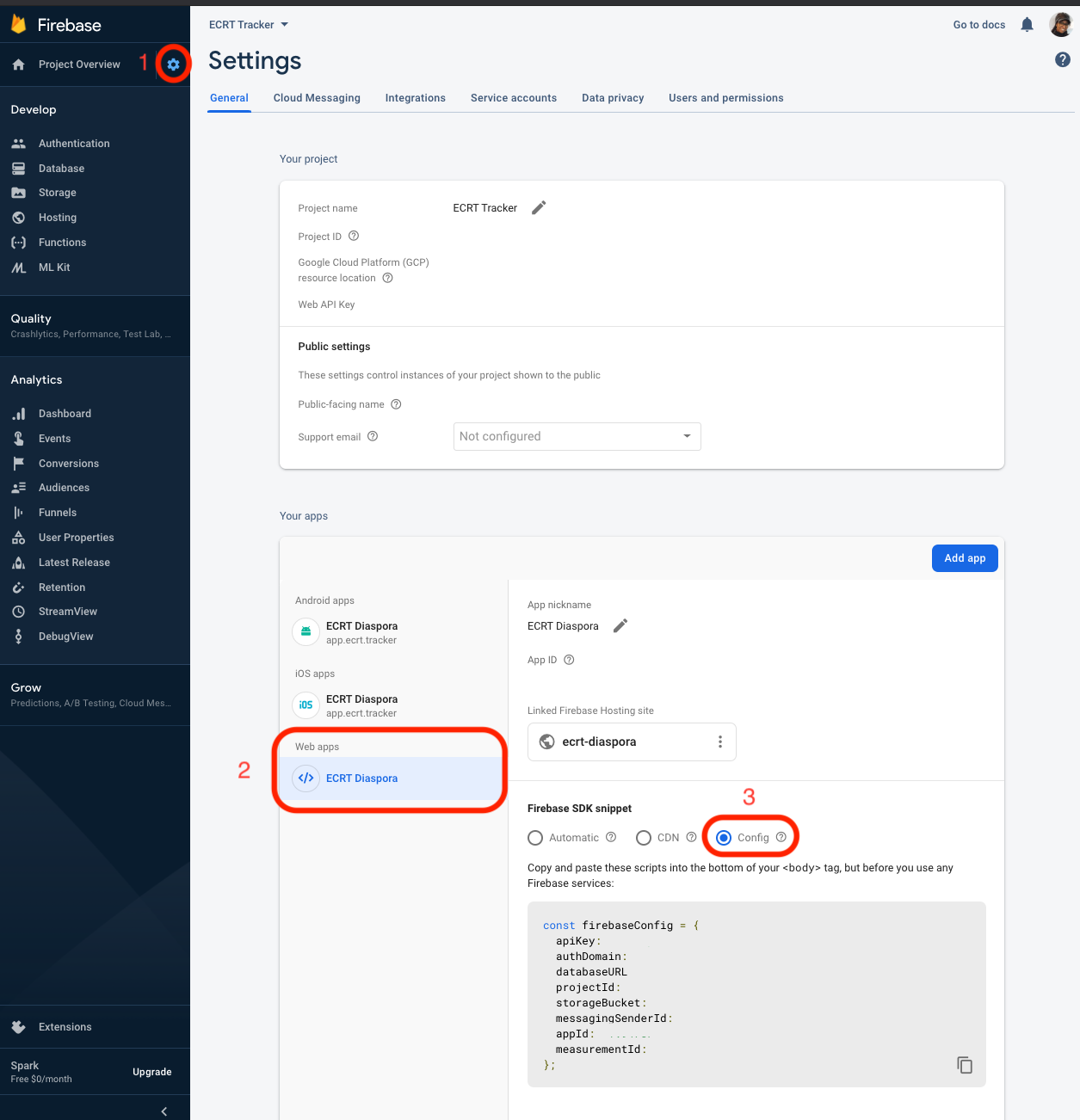 An image showing how to find the config on the firebase console.