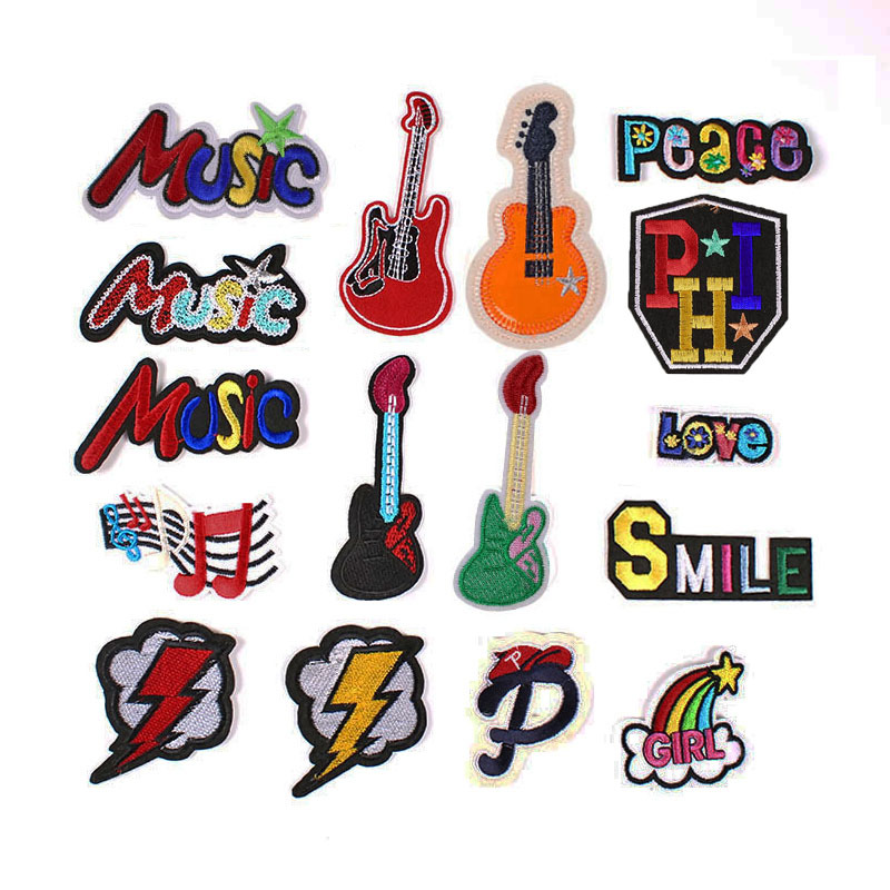 Music Guitar Lightning Color Embroidery Cloth Sticker, Apparel Accessories Badge Iron on patches Sticker