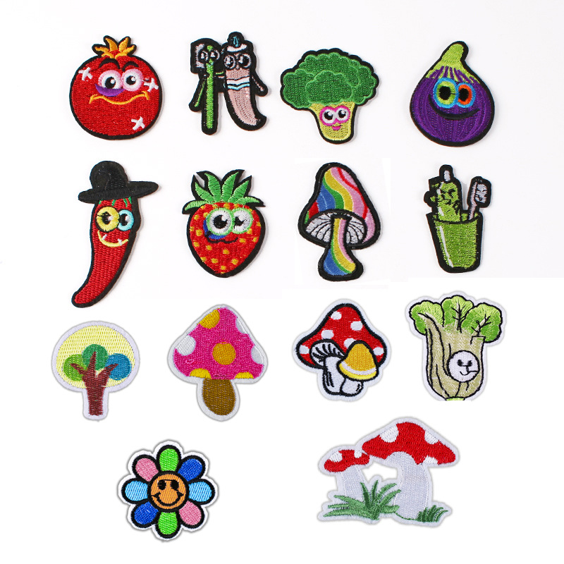 Vegetables, tomatoes, broccoli, eggplant, mushrooms, peppers, embroidered cloth stickers, clothing accessories, badges, Iron on patches stickers
