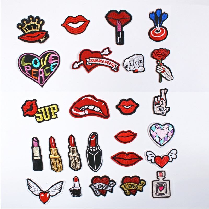 Red lip lipstick love embroidery cloth sticker clothing accessories badge Iron on patches red lip lipstick