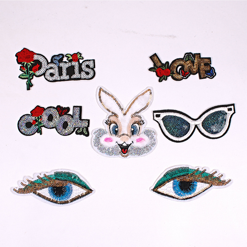 Sequin eyes peacock rabbit eyes love embroidery cloth stickers, Iron on patches stickers, factory direct sales