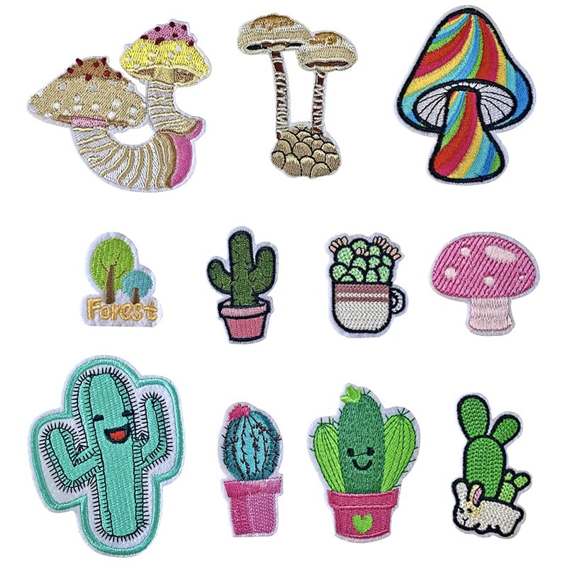 Mushroom Cactus Colored Potted Plant Wind Red Green Badge Clothes Iron on patches Sticker Repair Repair Factory Direct Sales