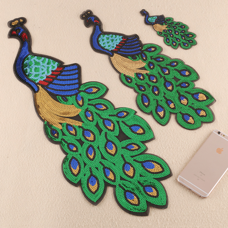 Iron on patches animal peacock cloth label clothing accessories large patch sticker sequin embroidery sticker cloth sticker