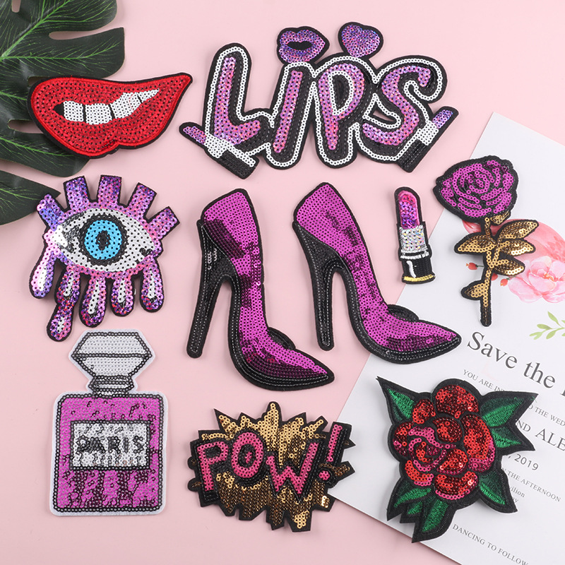 Sequin embroidery patch sticker high heels lipstick cloth label accessories Iron on patches embroidery cloth sticker