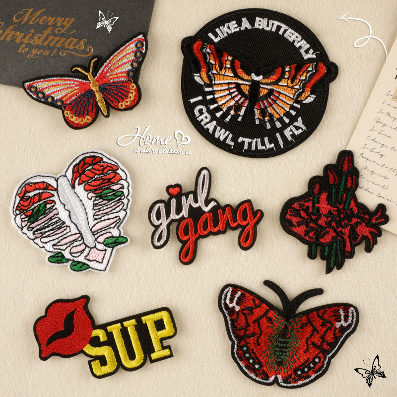 Iron on patches Embroidery sticker Butterfly English Shoes and hats Luggage accessories patch accessories Adhesive patch cloth sticker