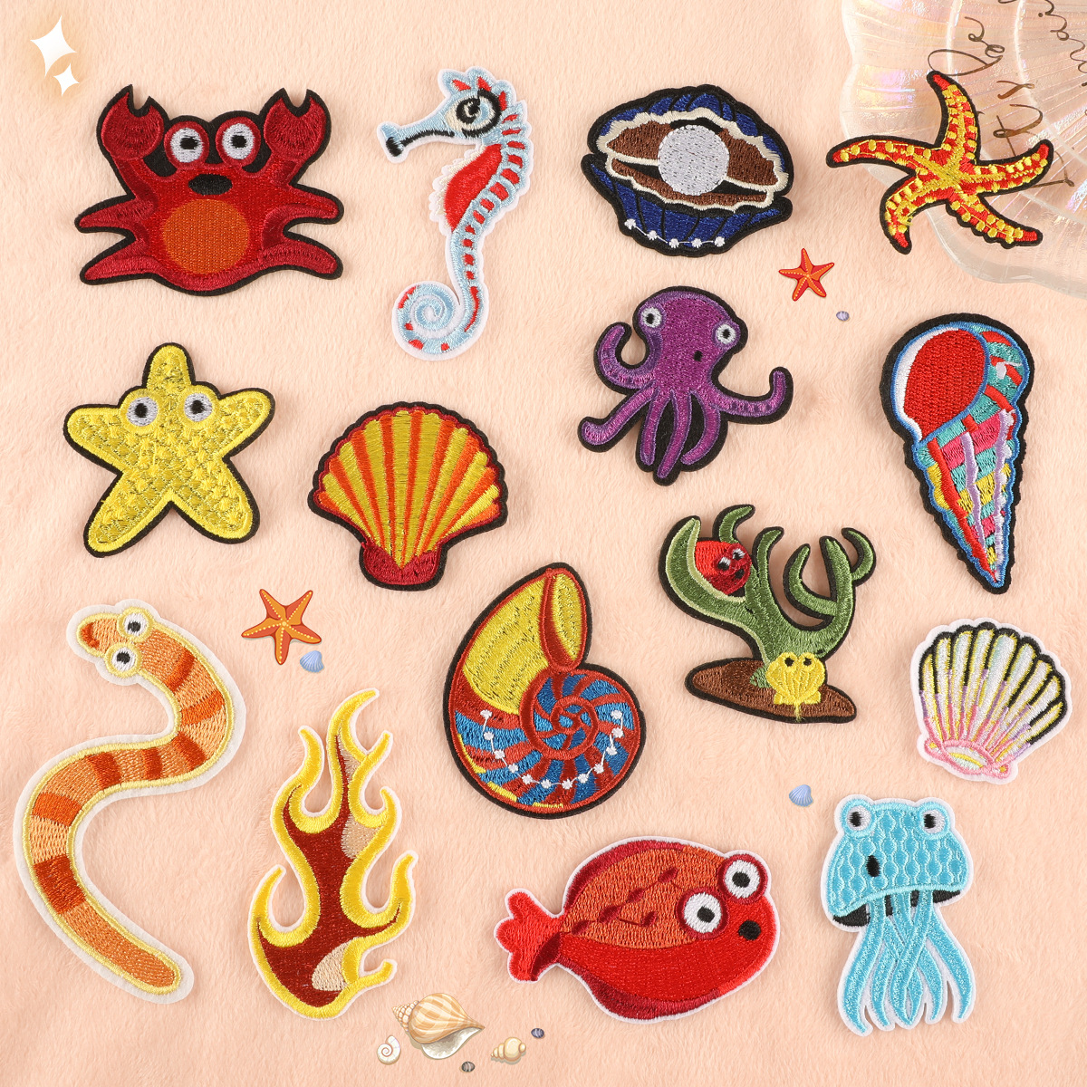 Iron on patches Seafood animal cloth label Shell jewelry accessories DIY patch stickers Clothing accessories Hand account embroidery cloth stickers