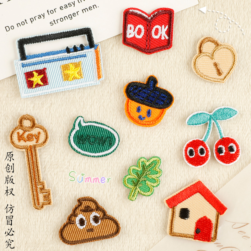 Iron on patches cherry key cartoon embroidery sticker mini small DIY bag handbook cloth sticker